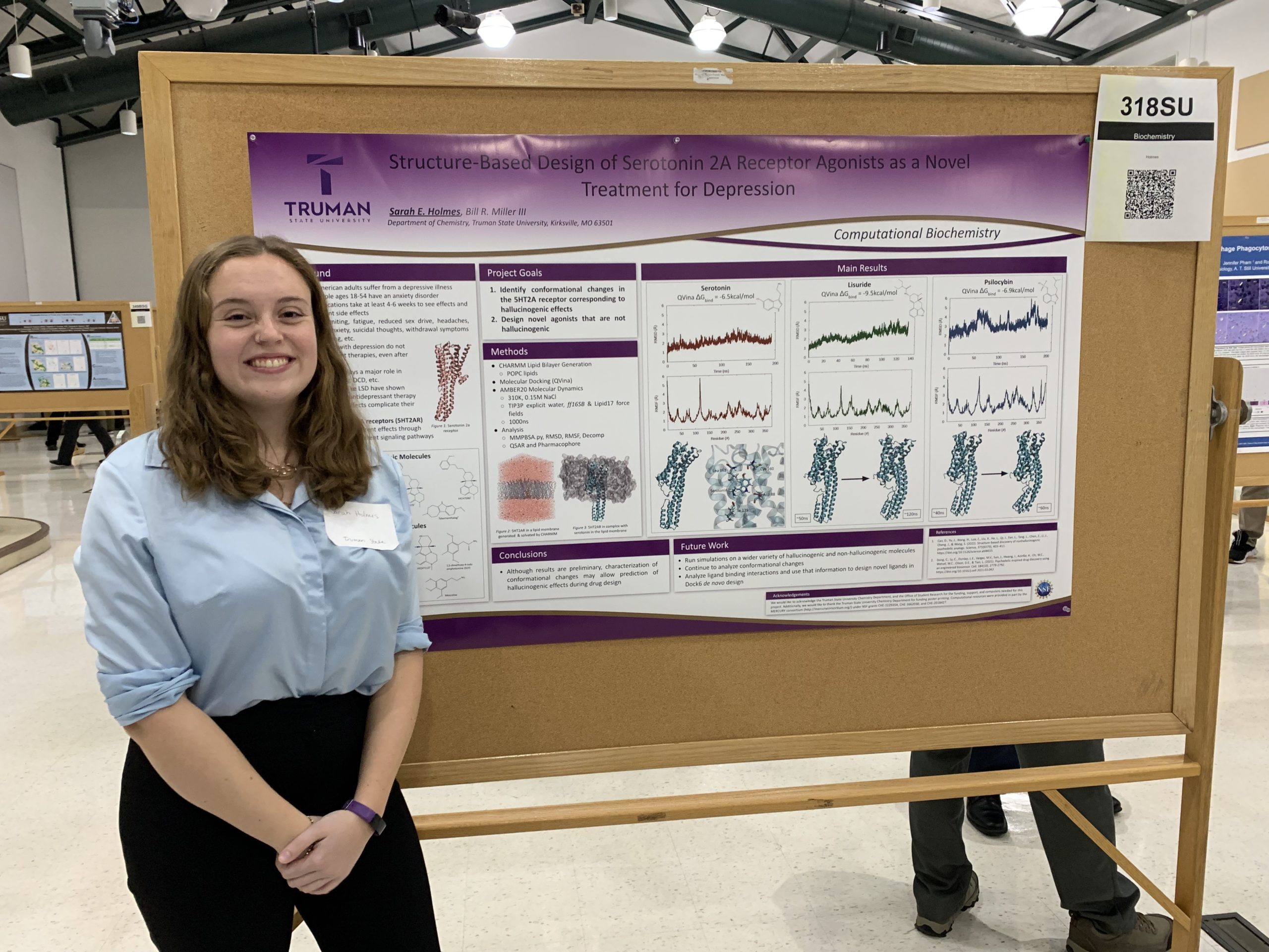 Sarah in front of her poster on the serotonin receptor